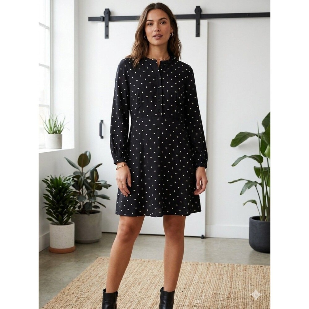 Loft Black White Polka Dot Long Sleeve Mini Button Down Shirt Dress
